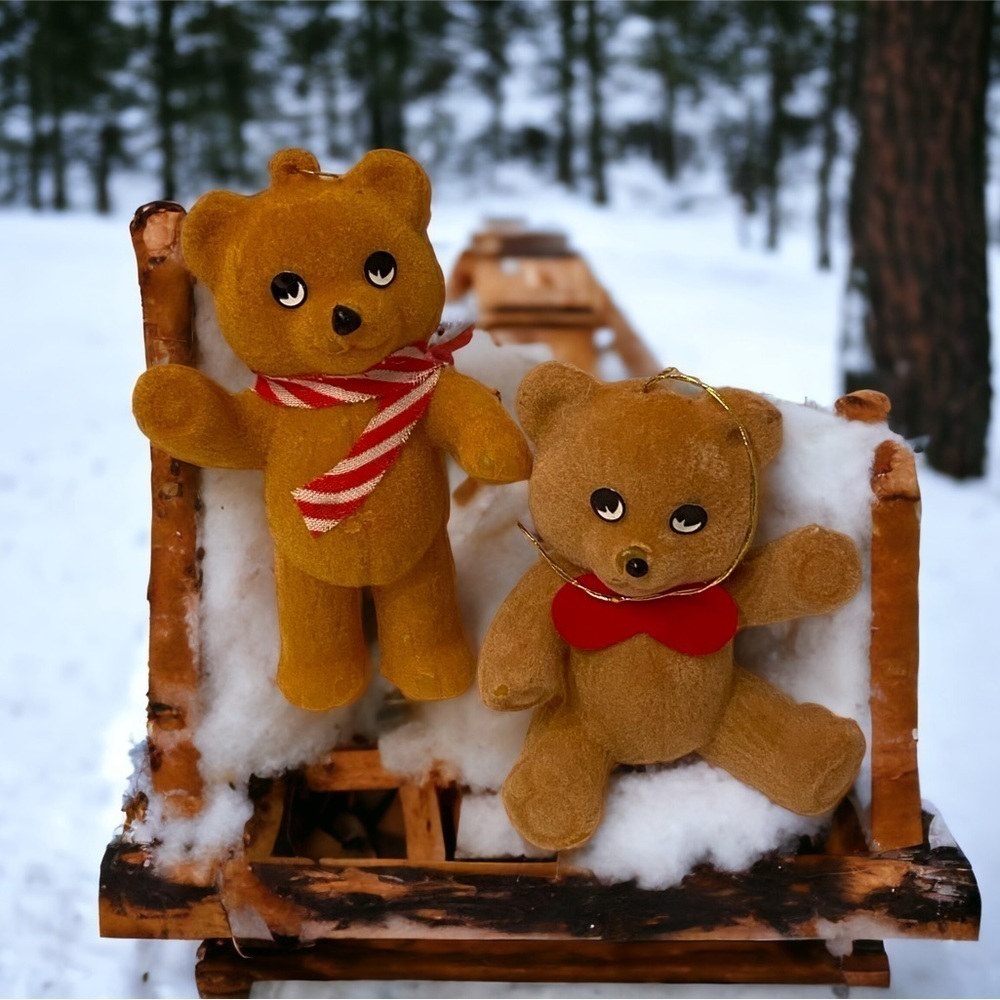 VTG Set of 2 Flocked Tan Teddy Bear Christmas Ornaments with red white ties 3”